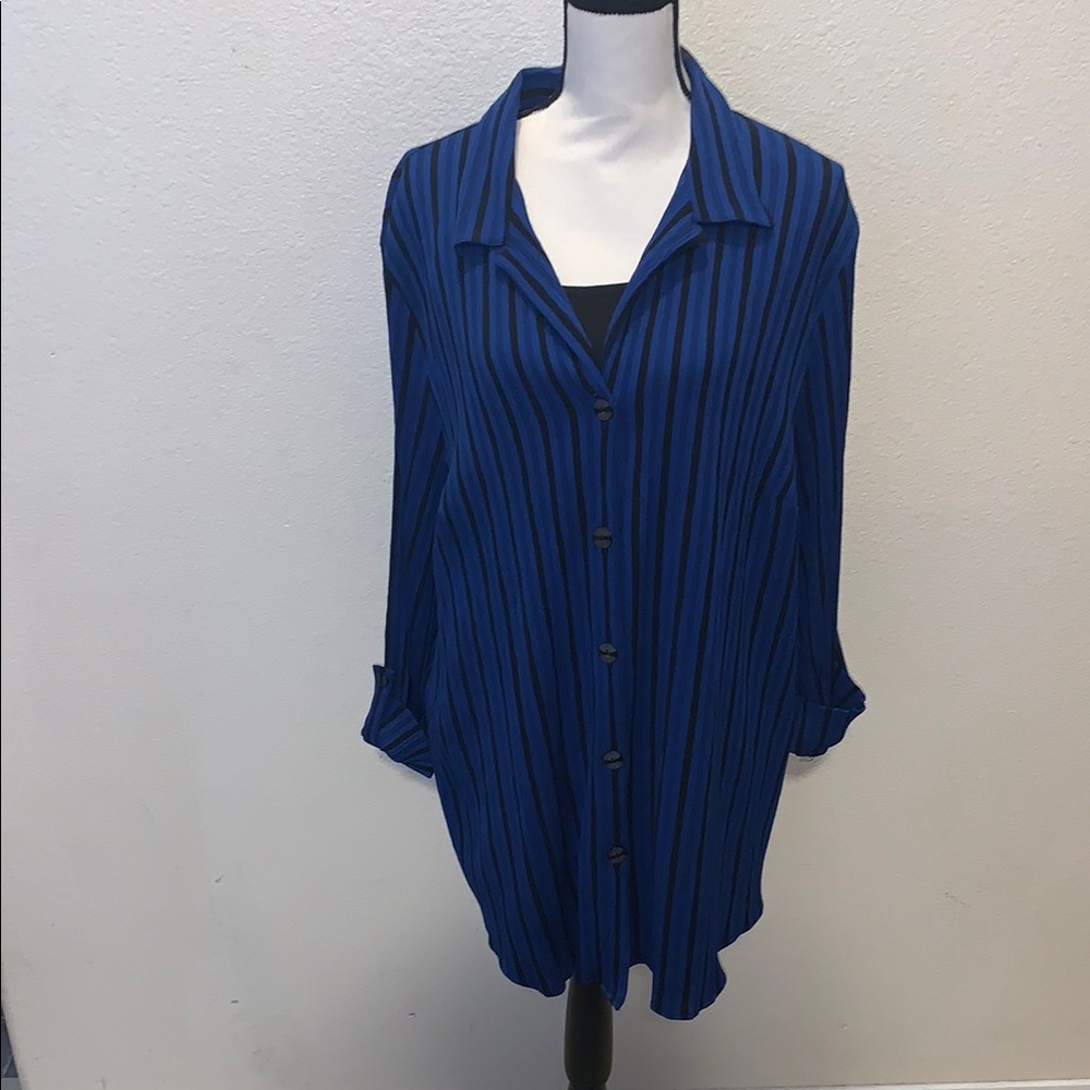 Maggie Barnes Woman’s 28W Blue Two-Fer Blouse Set Striped Button Down